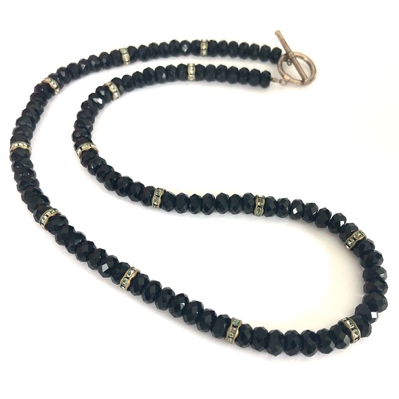 Jewelry - Vintage Black Glass Necklace Rhinestone Rondelle